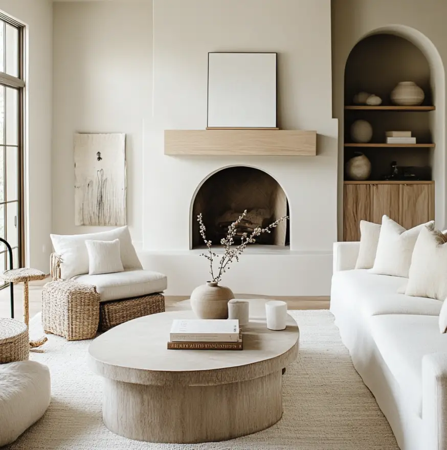 Living room with fireplace and shelving next to it.